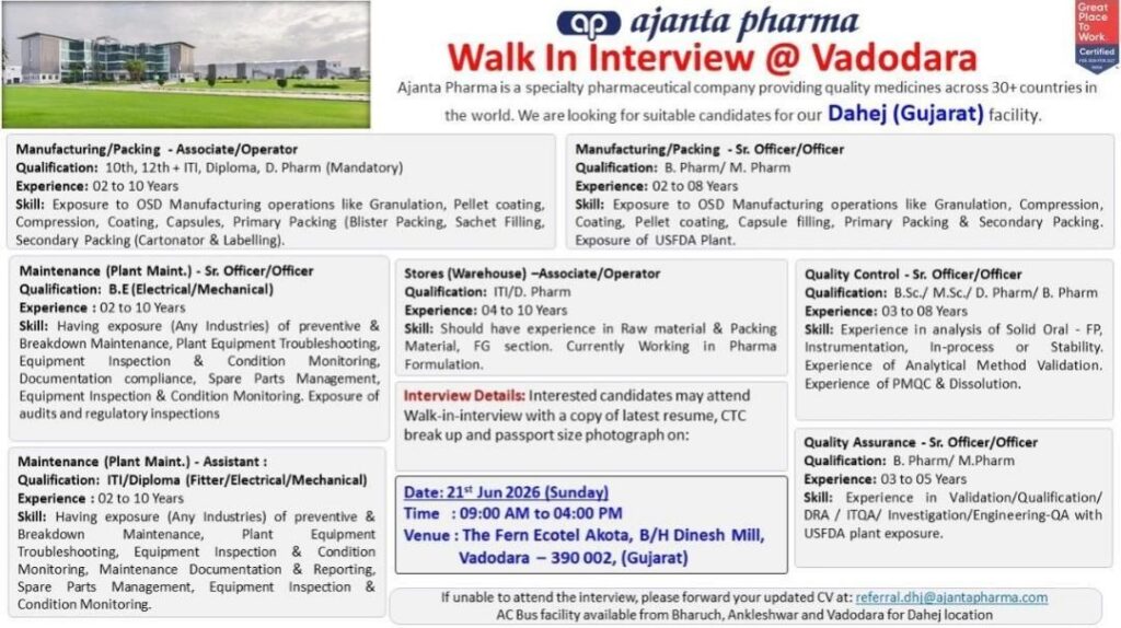 Ajanta Pharma is conducting a walk-in interview in Vadodara