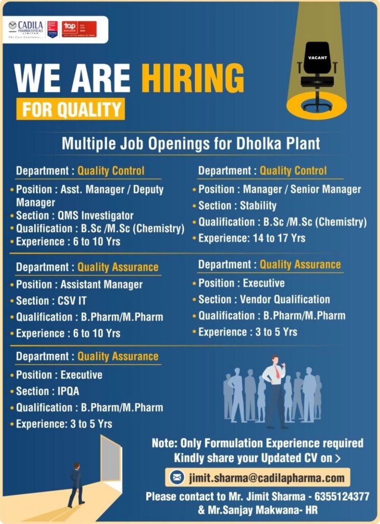 Cadila Pharmaceuticals is hiring for QC and QA roles