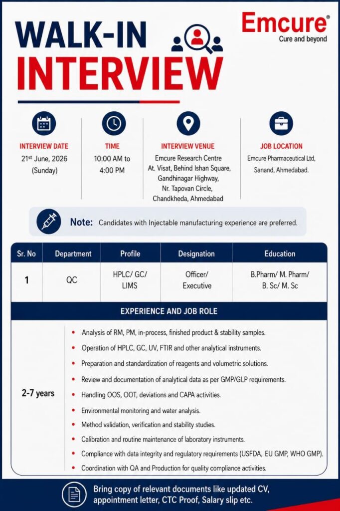 Emcure Pharmaceuticals Walk-In Interview for QC Officer/Executive