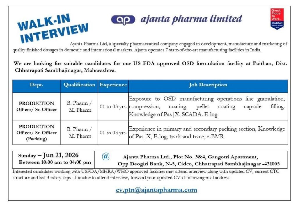 Ajanta Pharma is hiring Production Officer and Production Packing Officer