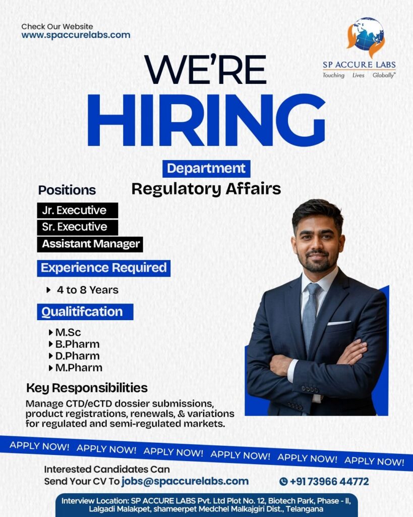 SP Accure Labs Hiring Regulatory Affairs Professionals