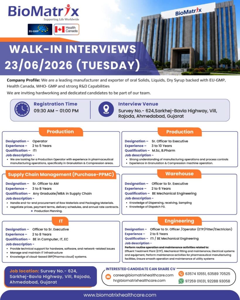 BioMatrix Healthcare Walk-In Interview for Production, SCM, Warehouse, IT & Engineering Jobs