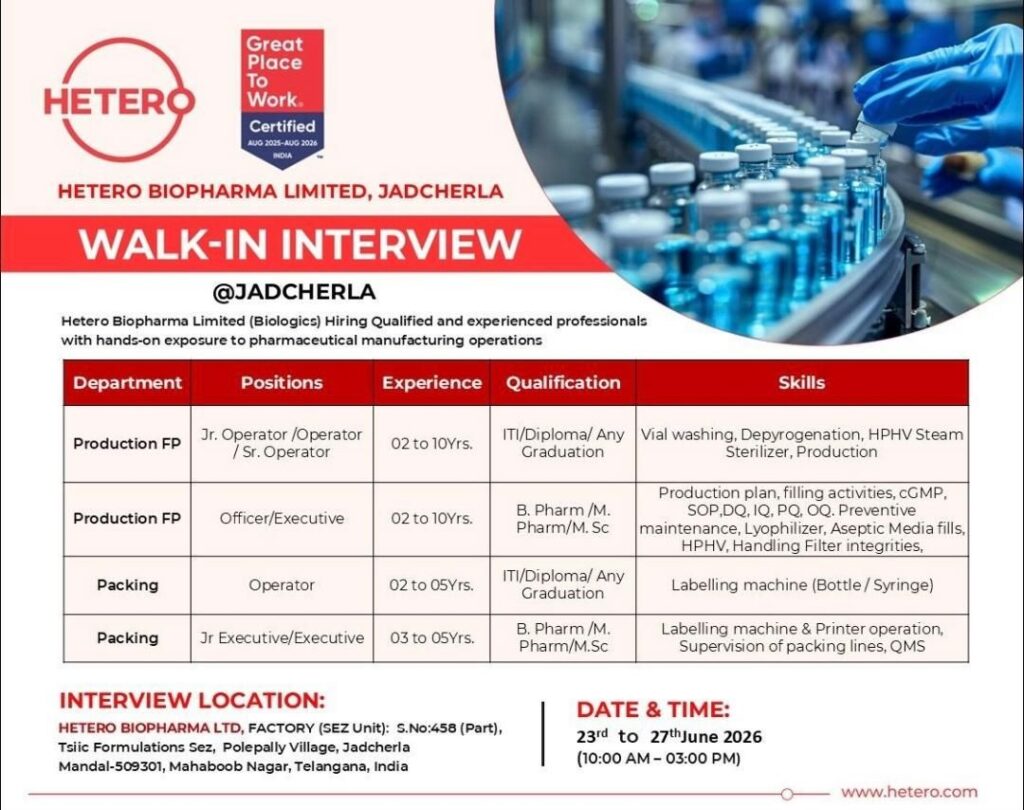 Hetero Biopharma Walk-In Interview for Production & Packing Departments