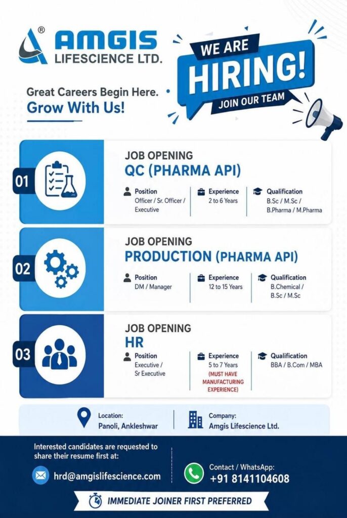 Amgis Lifescience Ltd Hiring QC, Production & HR Professionals in Ankleshwar