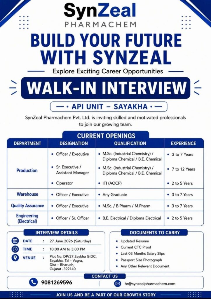 SynZeal Pharmachem Walk-In Interview for Production, QA, Warehouse & Engineering Jobs