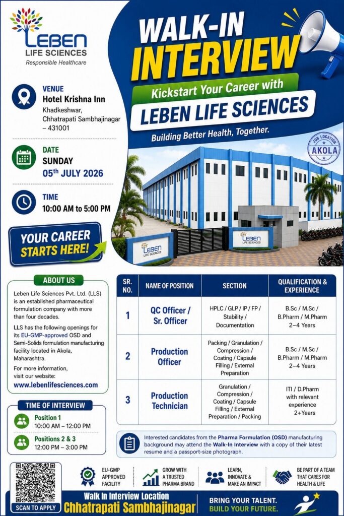 Leben Life Sciences Walk-In Interview for QC Officer, Production Officer & Technician Jobs