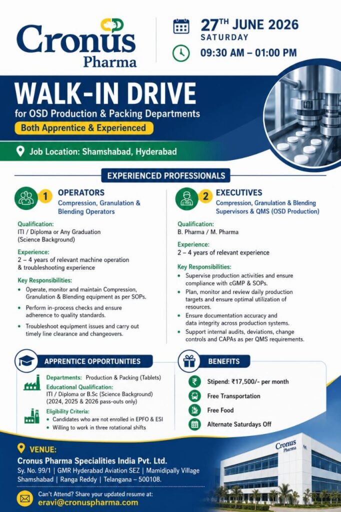 Cronus Pharma Walk-In Drive for Operators, Executives & Apprentices