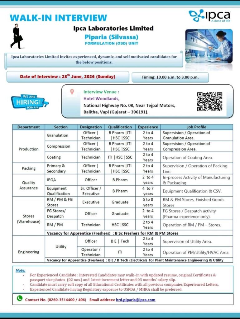 Ipca Laboratories Walk-In Interview 2026| Silvassa OSD Unit