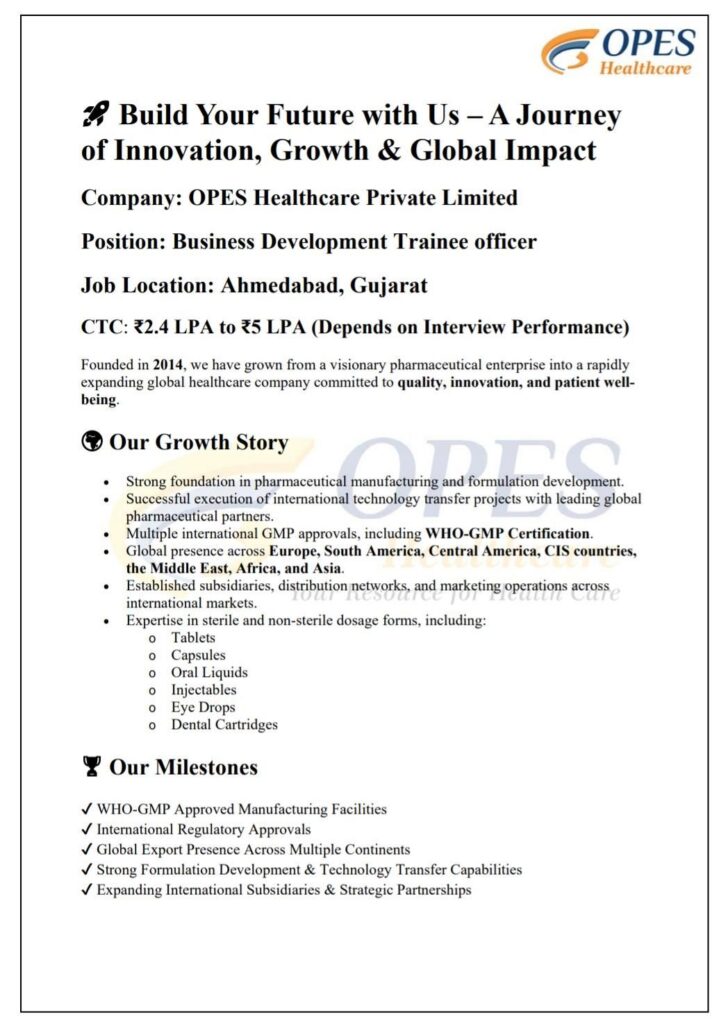 OPES Healthcare Hiring| Business Development Trainee Officer | Ahmedabad
