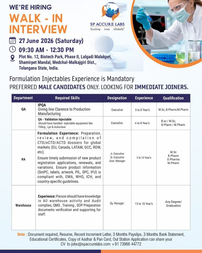 SP Accure Labs Walk-In Interview 2026