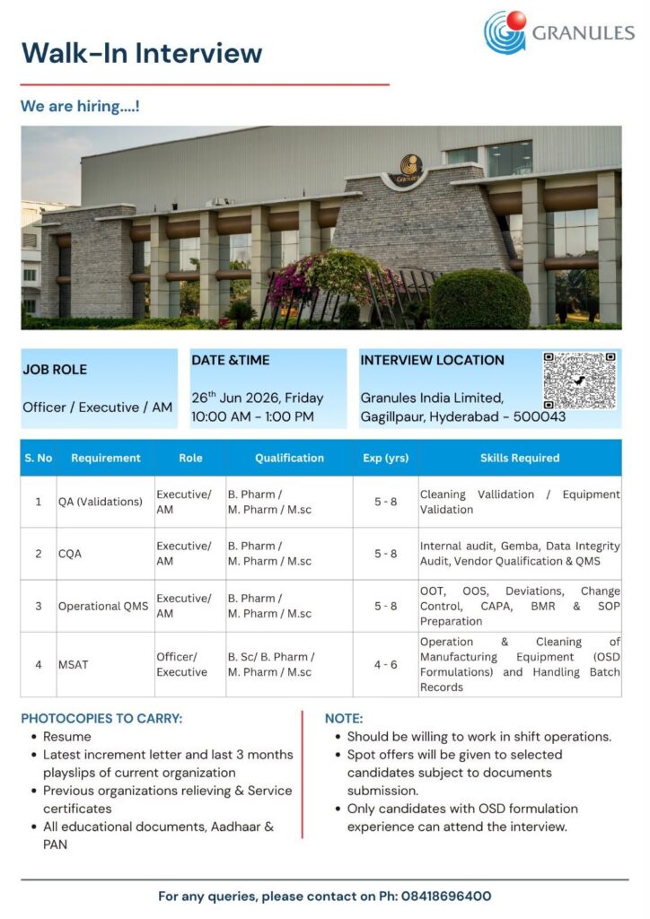 Granules India Walk-In Interview | Hyderabad Pharma Jobs