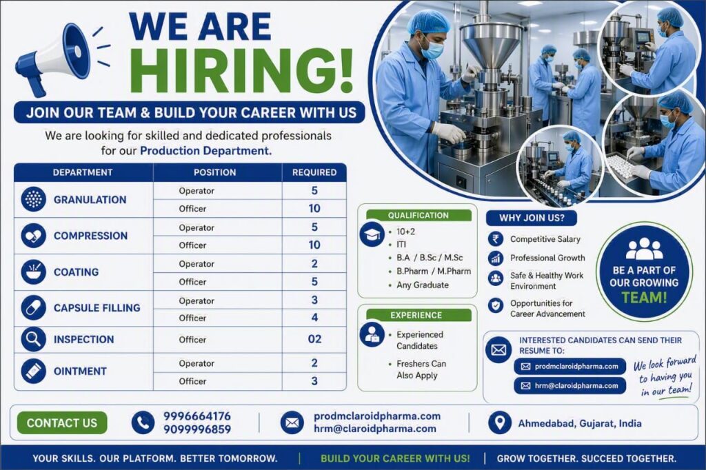 Claroid Pharma Recruitment | Production Operator & Officer Jobs in Ahmedabad