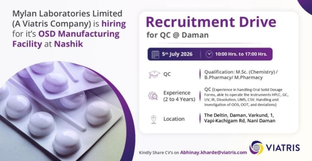 Viatris Recruitment Drive for Quality Control Jobs