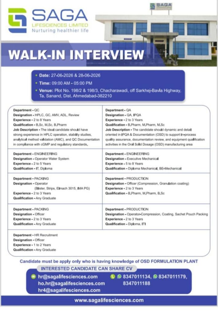 Saga Lifesciences Walk-In Interview 2026