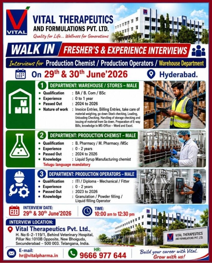Vital Therapeutics Walk-In Interview 2026 for Production Chemist, Production Operator & Warehouse Jobs
