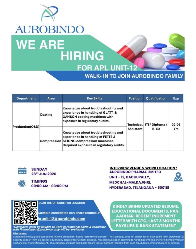 Aurobindo Pharma Walk-in Interview 2026