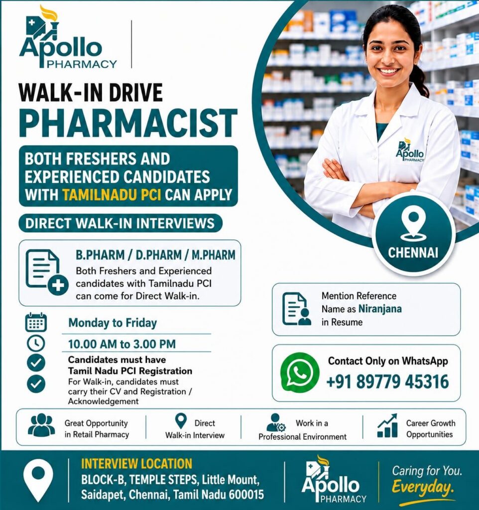 Apollo Pharmacy Walk-in Drive | Pharmacist Jobs in Chennai 