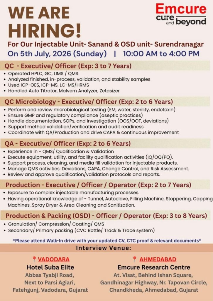 Emcure Pharmaceuticals Walk-in Interview for QA, QC & Production Jobs