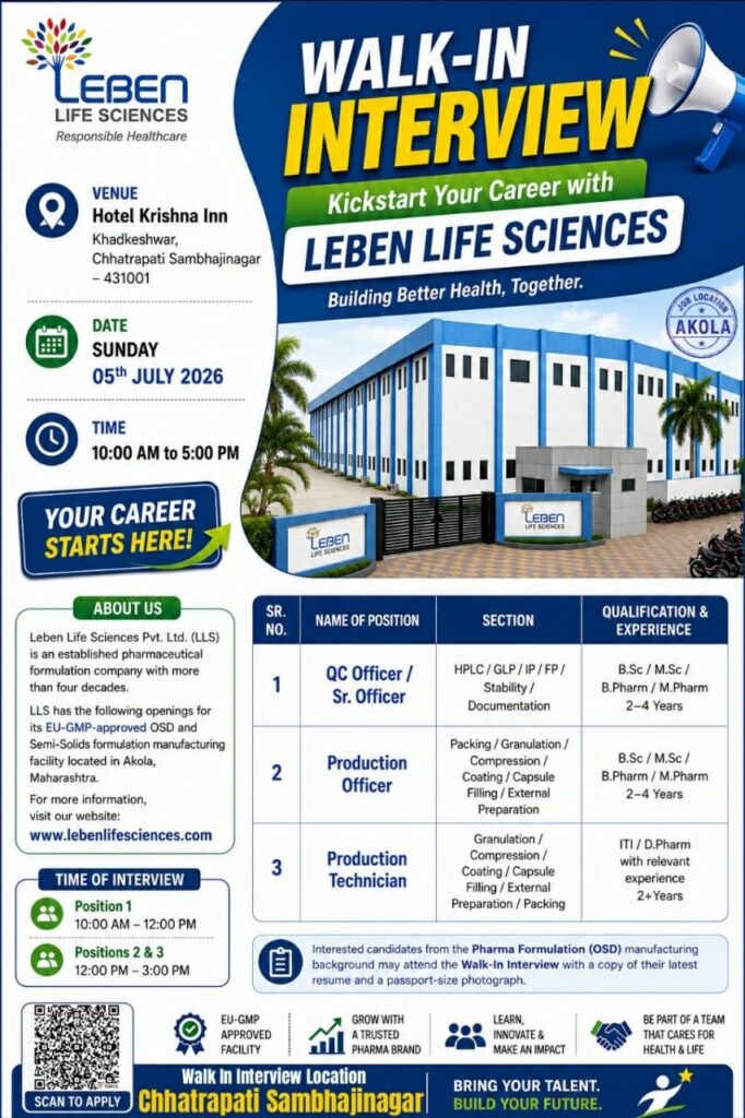 Leben Life Sciences Walk-in Interview 2026