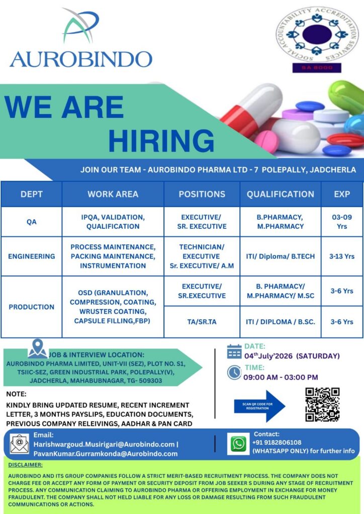 Aurobindo Pharma Walk-In Drive for QA, Engineering & Production Jobs 