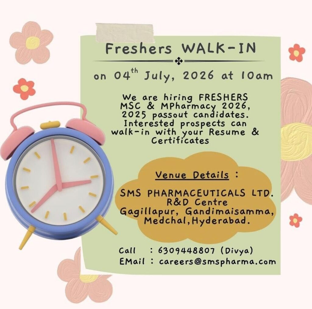 SMS Pharmaceuticals Freshers Walk-In Drive 2026