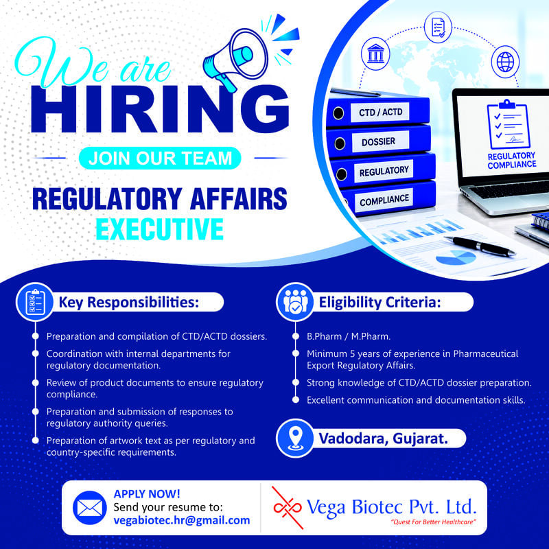 Vega Biotec Pvt Ltd Hiring Regulatory Affairs Executive Jobs in Vadodara
