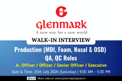 Glenmark Pharma is inviting experienced professionals to attend a Walk-in Drive in Vadodara