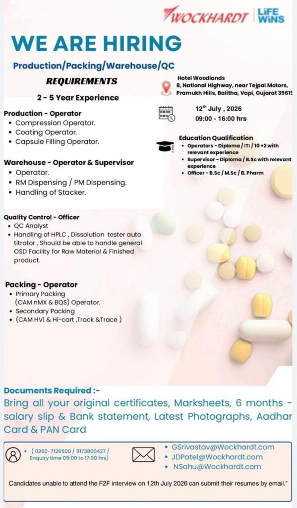 Wockhardt Walk-in Interview for Production, Packing, Warehouse & QC Jobs