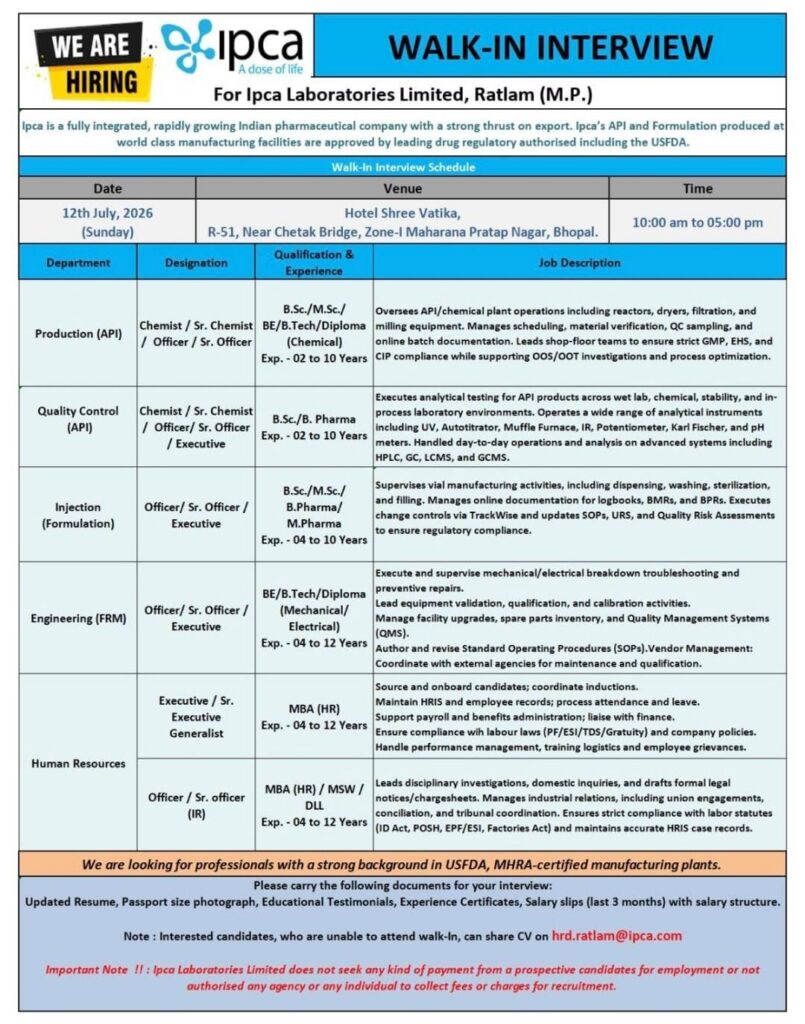 Ipca Laboratories Walk-In Interview 2026 