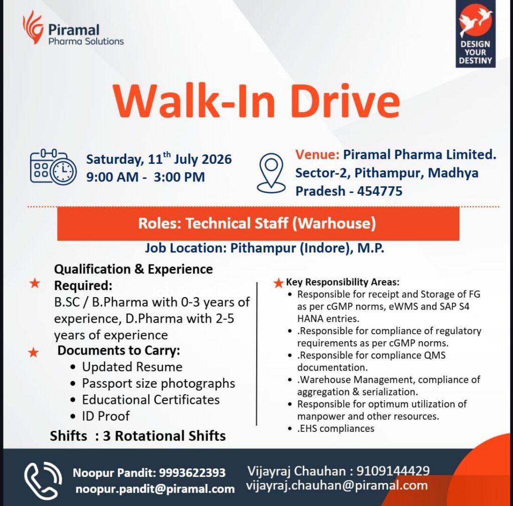 Piramal Pharma Solutions Walk-In Drive 2026| Pithampur Jobs