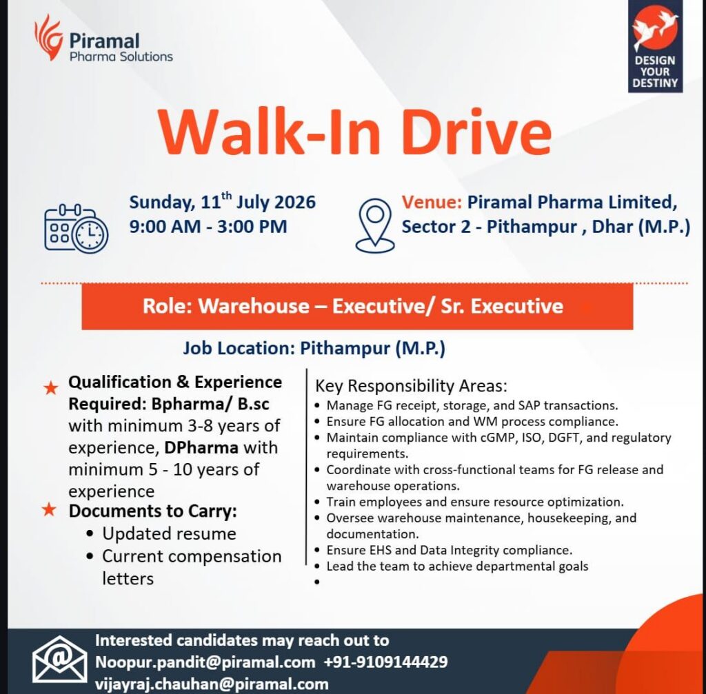 Piramal Pharma Solutions Walk-In Drive 2026| Pithampur Jobs