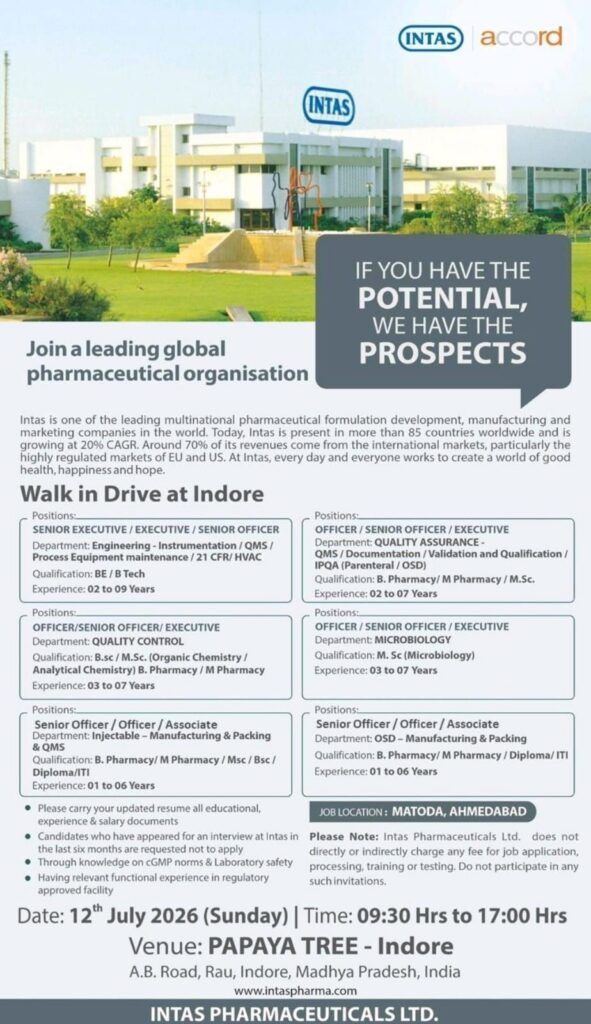 Intas Pharmaceuticals Walk-In Drive 2026