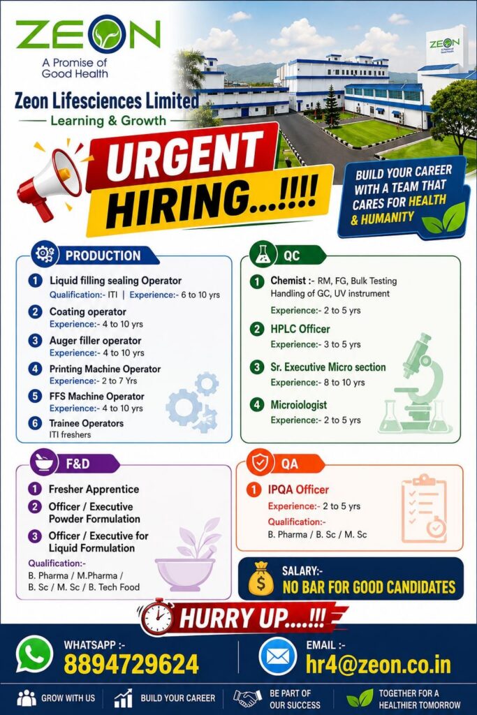 Zeon Lifesciences Limited Hiring 2026 | Production, QC, QA & F&D Jobs