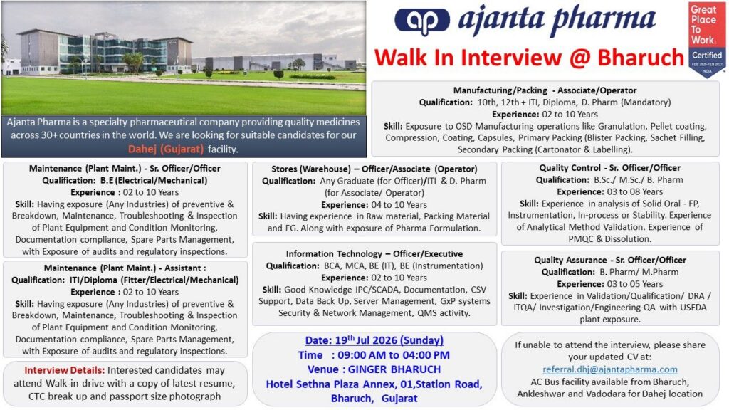 Ajanta Pharma Walk-In Interview for Manufacturing, QA, QC, Maintenance & Stores Jobs