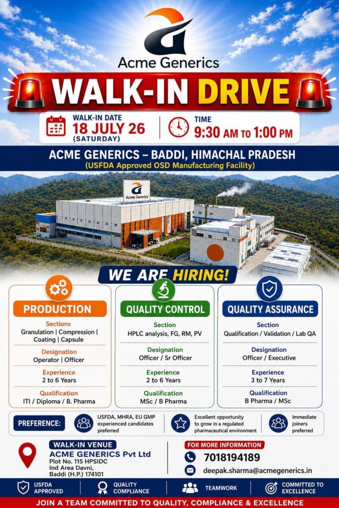 Acme Generics Walk-In Drive | Production, Quality Control & Quality Assurance Jobs