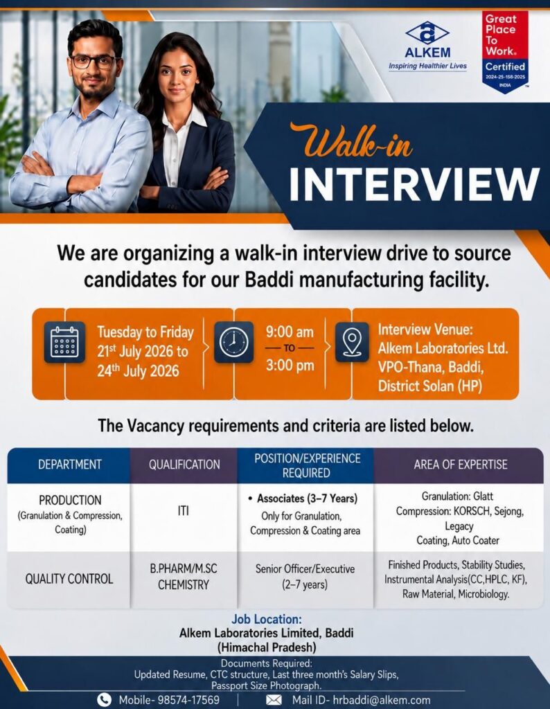 Alkem Laboratories Walk-in Interview for Production & Quality Control Jobs in Baddi