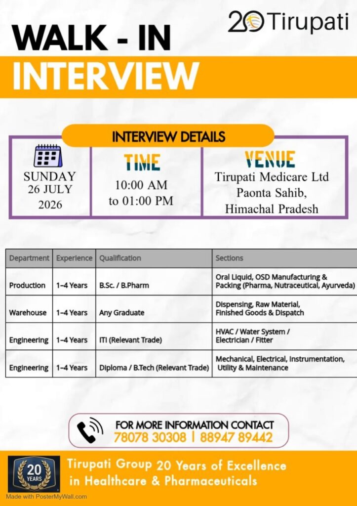 Tirupati Medicare Ltd. Walk-In Interview for Production, Warehouse & Engineering Jobs