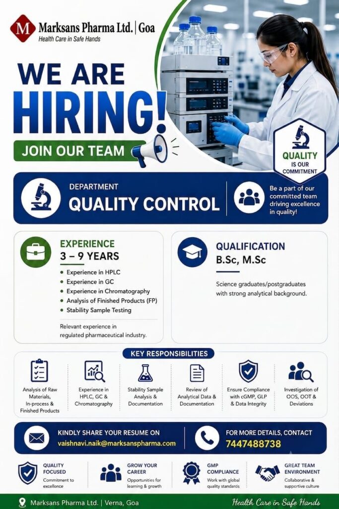 Marksans Pharma Hiring Quality Control Professionals in Goa