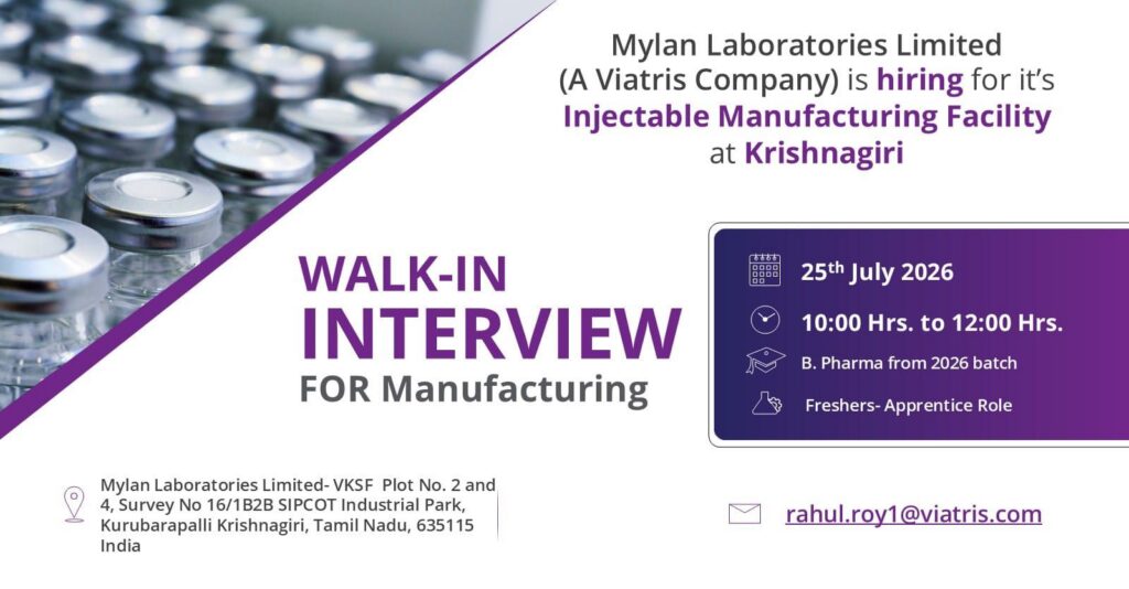Mylan Laboratories Walk-In Interview 2026 for B.Pharm Freshers