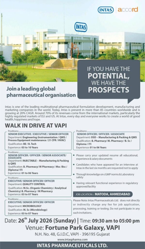 Intas Pharmaceuticals Walk-In Drive for Engineering, Production, QA, QC & Microbiology Jobs