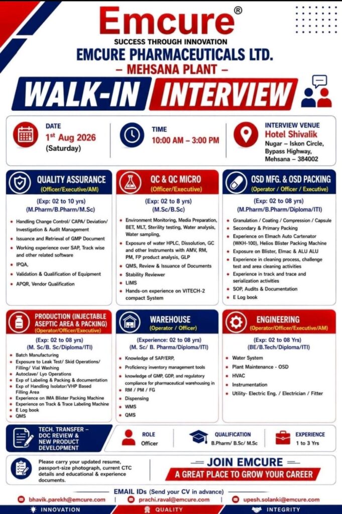 Emcure Pharmaceuticals Walk-In Interview 2026