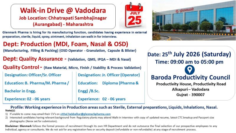 Glenmark Pharma Walk-In Drive 2026 Glenmark Pharma Walk-In Drive 2026