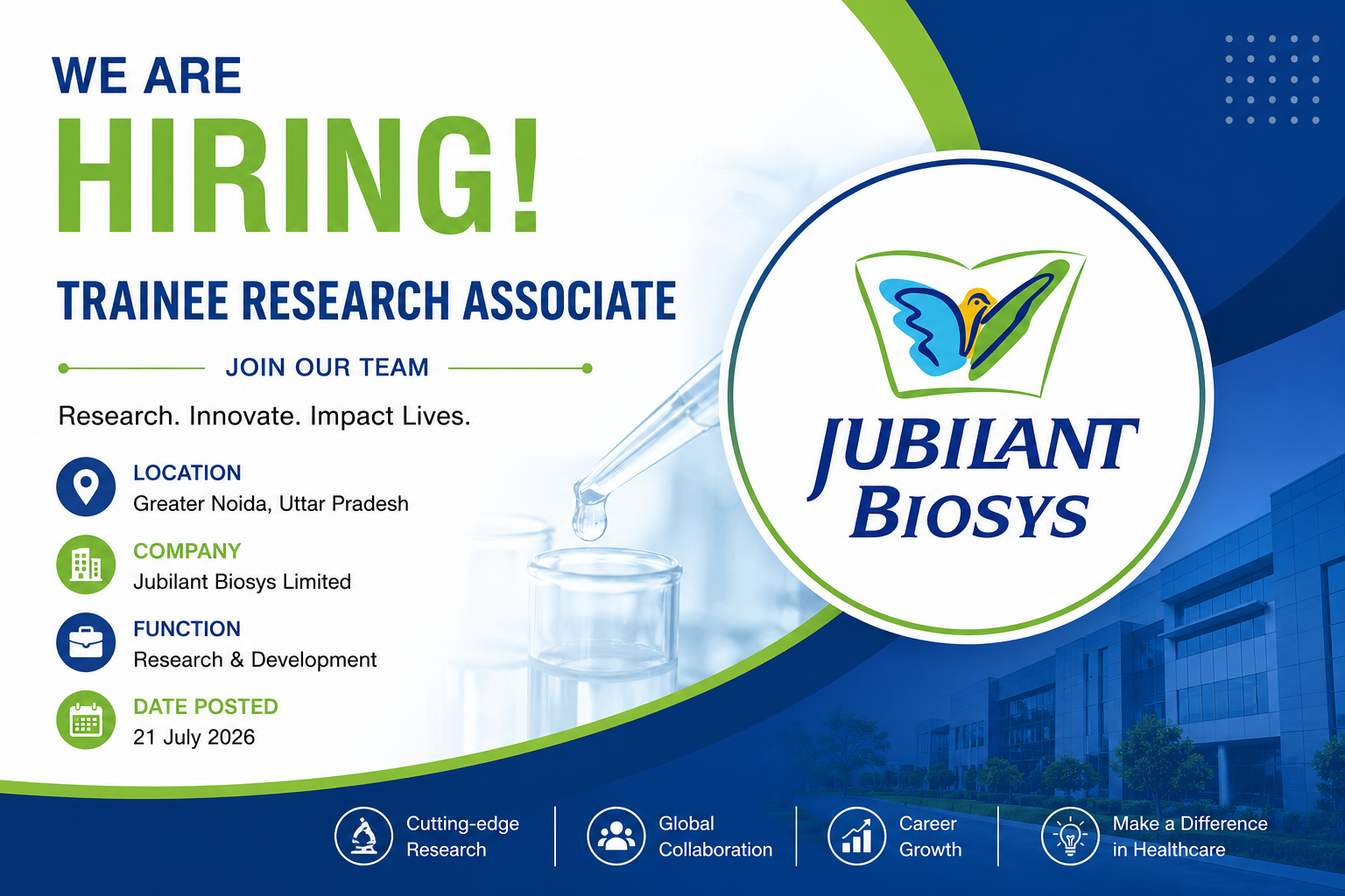 Jubilant Biosys Hiring Trainee Research Associate in Greater Noida
