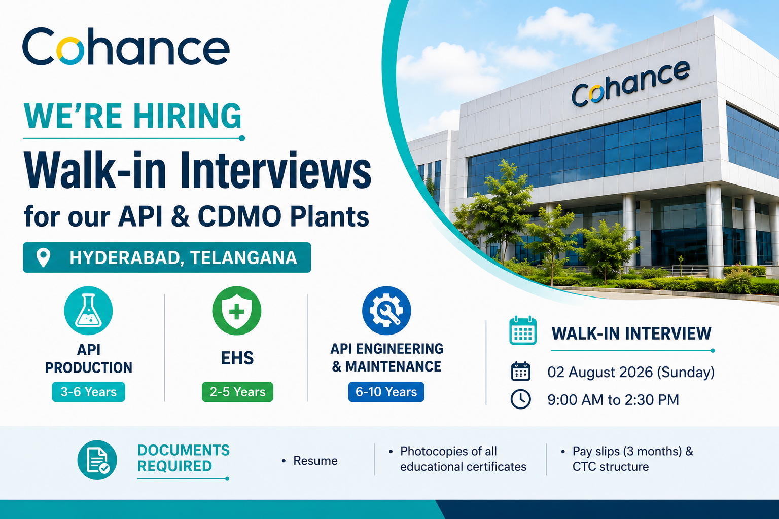 Cohance Lifesciences Walk-In Interview For API, EHS & Engineering Jobs in Hyderabad