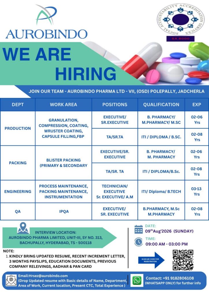 Aurobindo Pharma Walk-In Interview 2026 | Jobs in Hyderabad