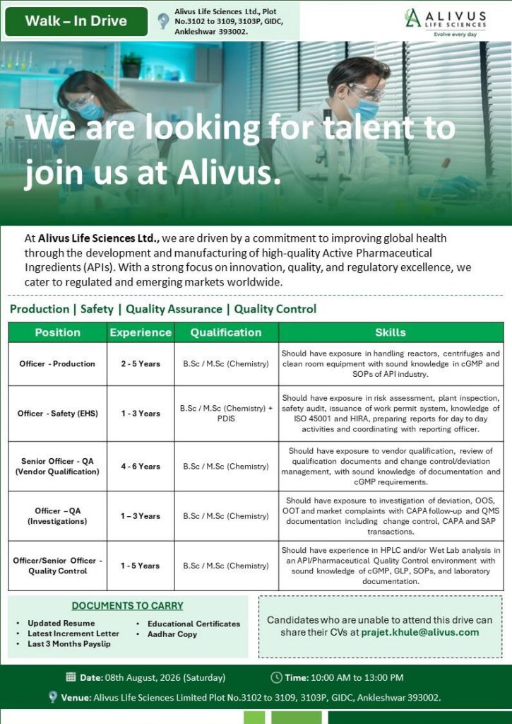 Alivus Life Sciences Walk-In Drive for Production, QA, QC & Safety (EHS) Jobs