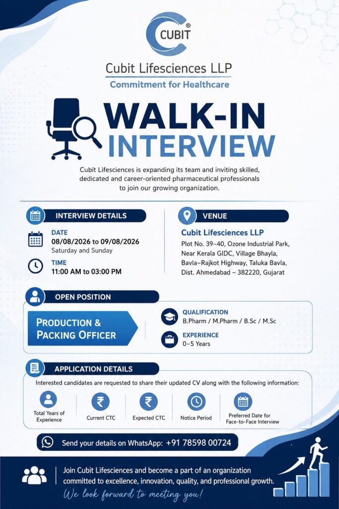 Cubit Lifesciences Walk-In Interview 2026 for Production & Packing Officer Jobs 