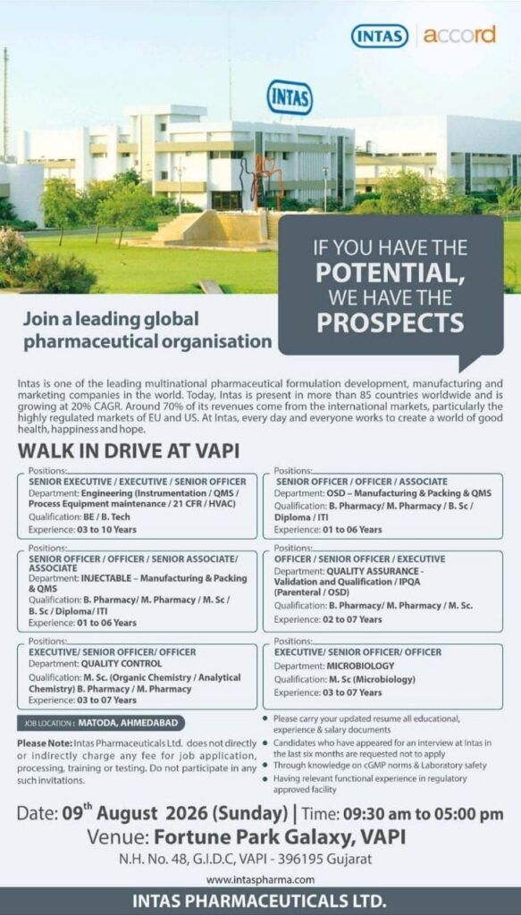 Intas Pharmaceuticals Walk-In Drive 2026