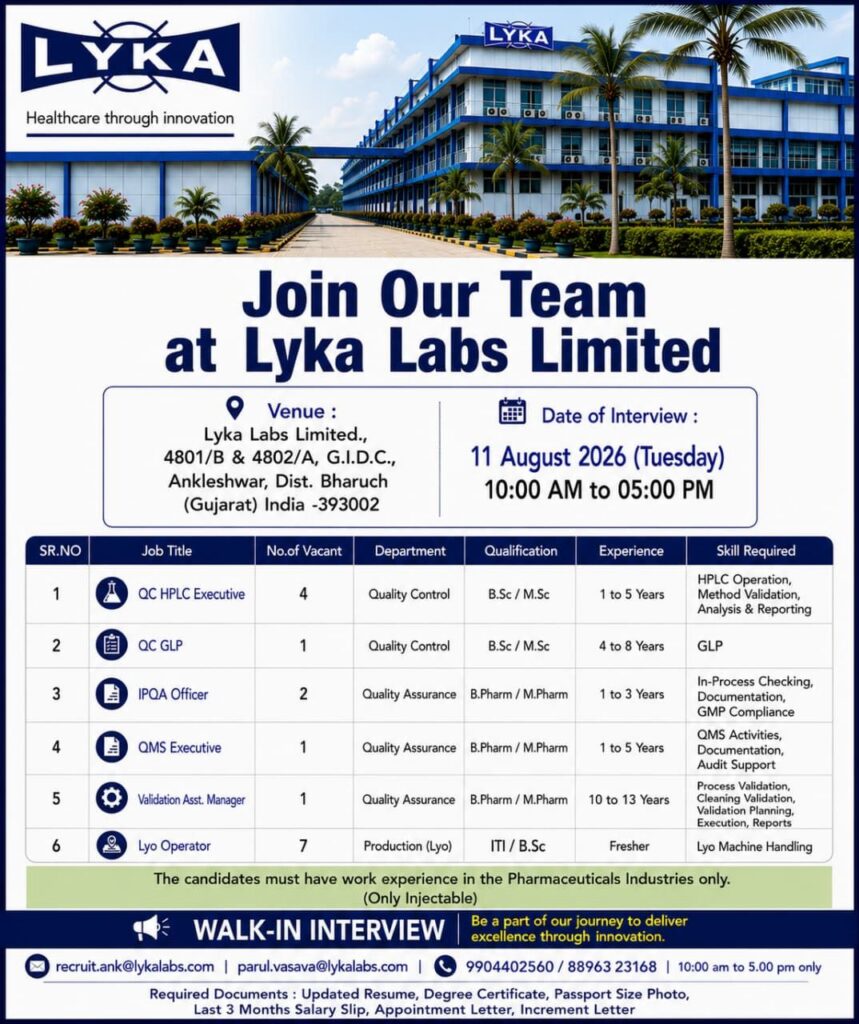 Lyka Labs Walk-In Interview for QC, QA, Validation & Production Jobs