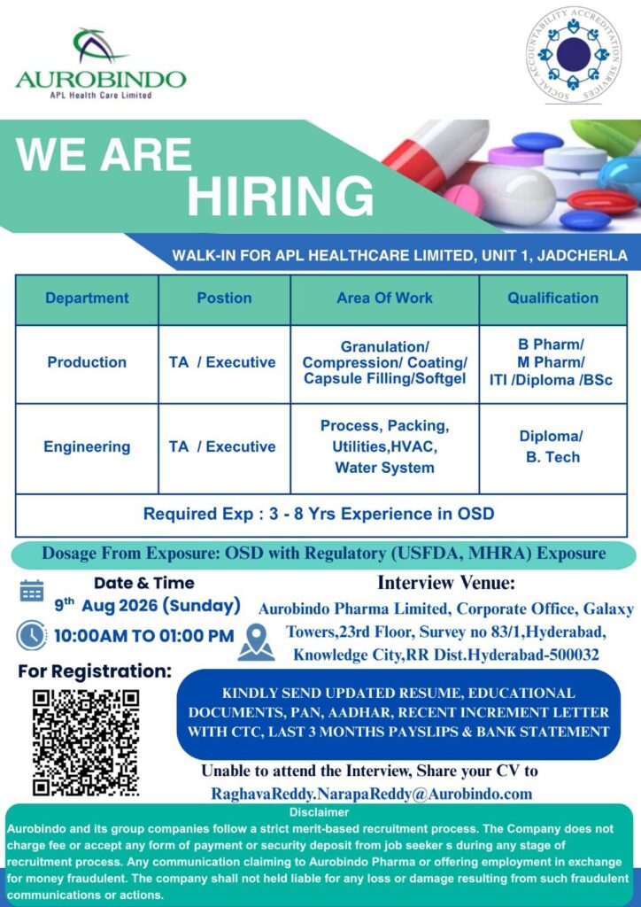 Aurobindo APL Health Care Walk-In Interview 2026
